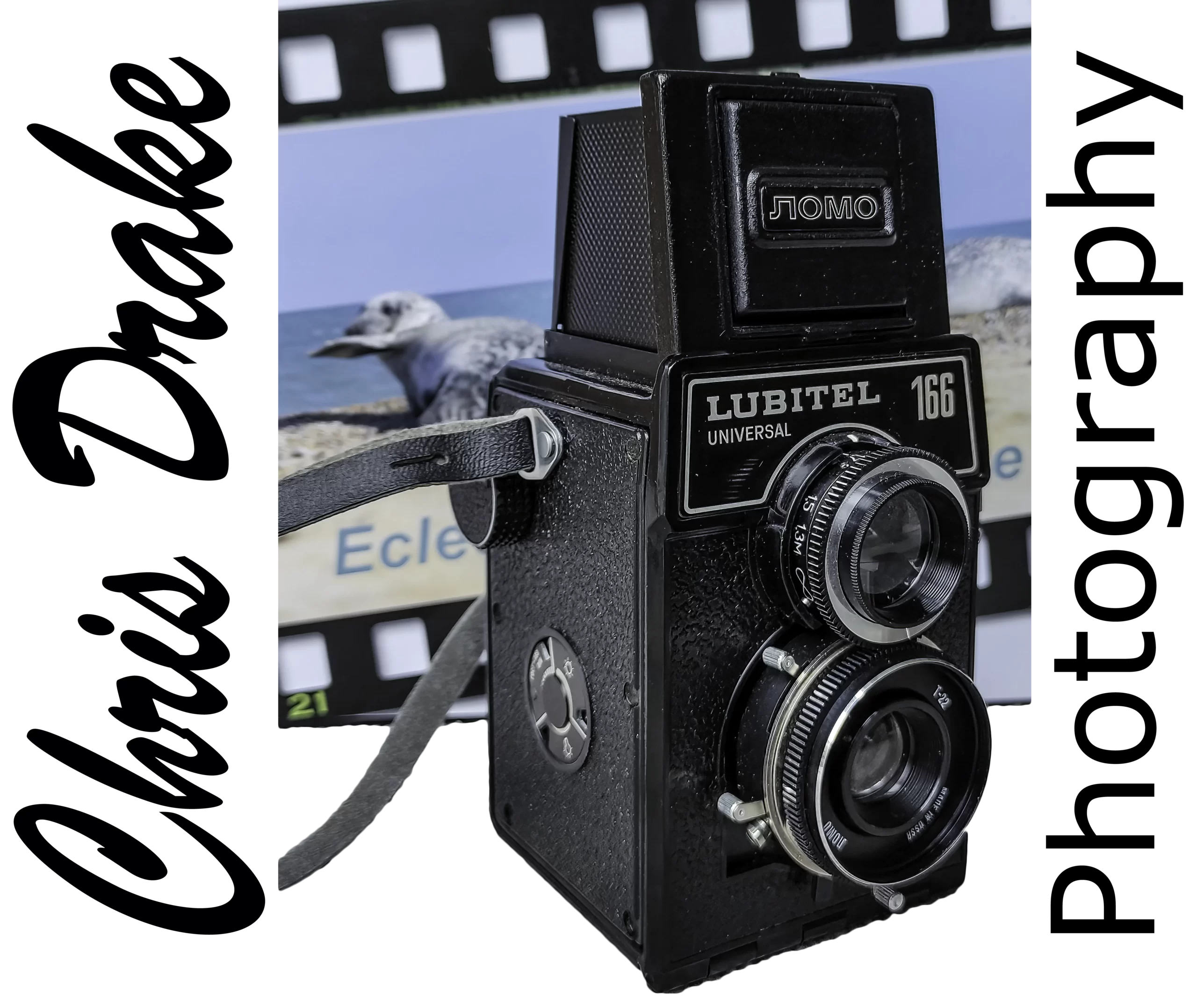 Site logo Lubitel camera with chris drake on left vertically and photography vertically on right side